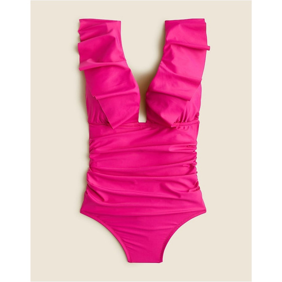 NWT J. Crew Pink Fushia One Piece Swim Suit Ruched Ruffle V Neck Women's 24 - Picture 1 of 9